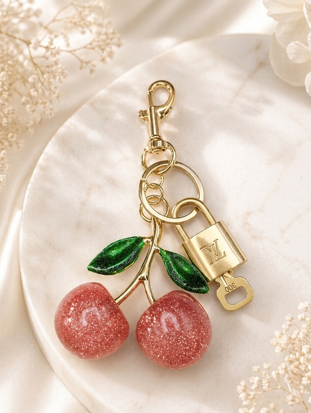 Authentic Louis Vuitton Lock & Key with Unbranded Pink Cherry Charm, Keychain